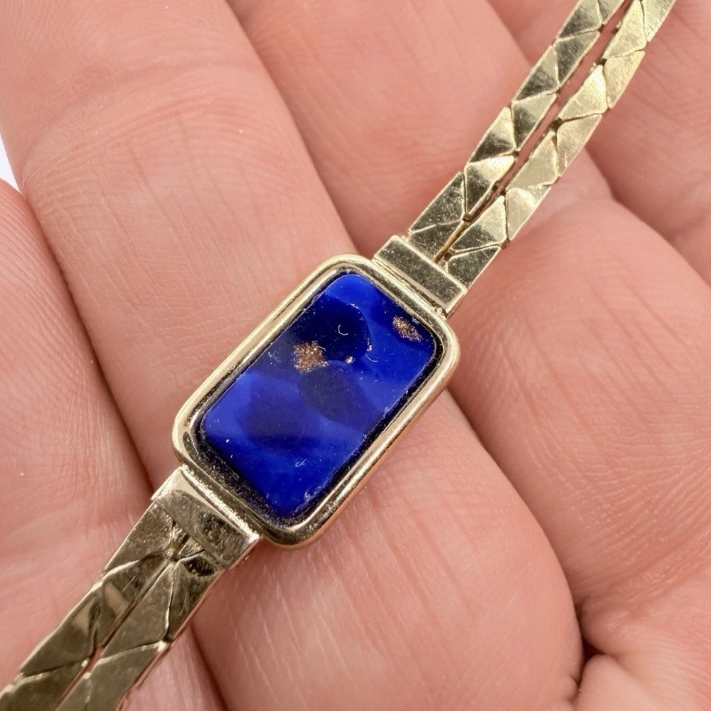 Vtg Christian Dior Faux Lapis Glass Cabochon Double Layer Gold Chain Bracelet